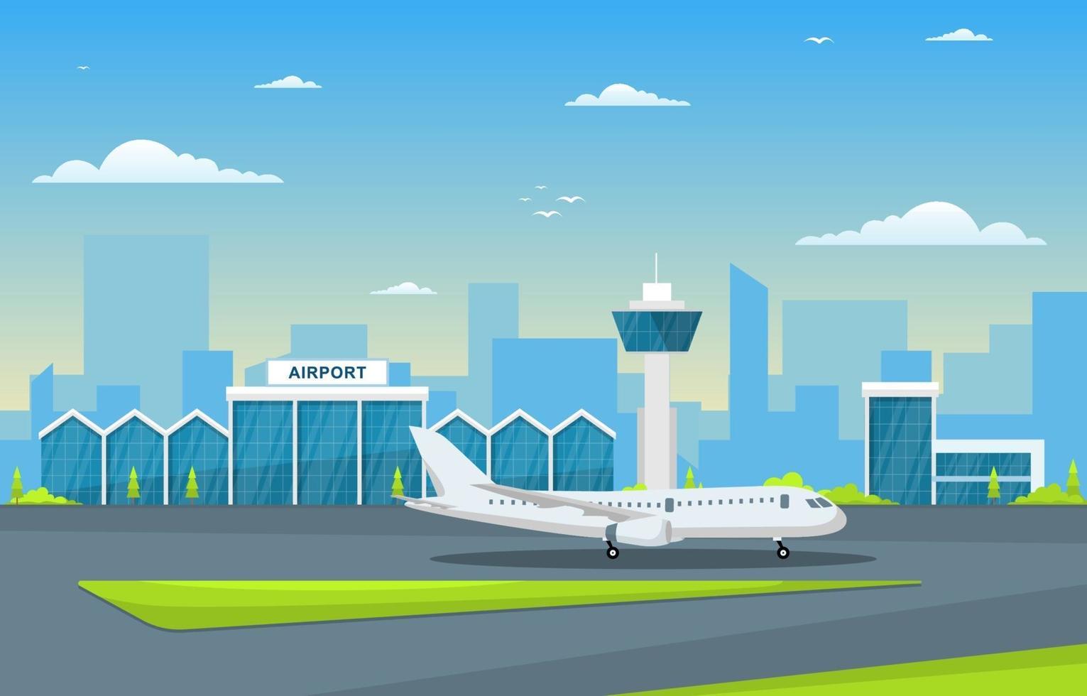 vliegtuig vliegtuig in landingsbaan luchthaven terminal gebouw landschap skyline illustratie vector