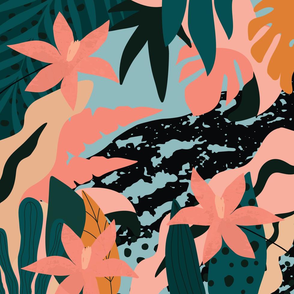 kleurrijke tropische bladeren en bloemen poster achtergrond vectorillustratie. exotische planten, takken, bloemen en bladeren art print voor beauty en natuurlijke producten, spa en wellness, stof en mode vector