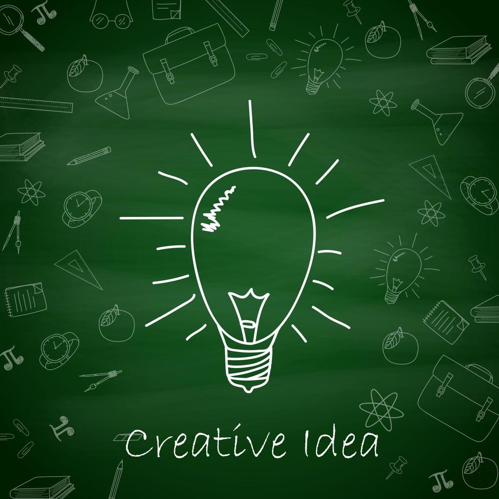 creatief idee licht lamp concept met school- benodigdheden lijnen Aan een groen schoolbord vector