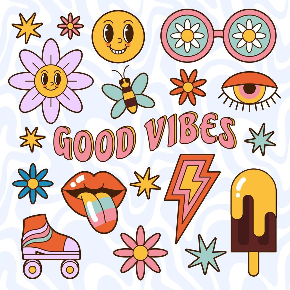 tekenfilm jaren 70 uitstraling groovy elementen, schattig grappig hippie stickers. reeks van vector hippie retro stickers met madeliefje bloemen, lippen, ijs room. geïsoleerd positief symbolen of badges in wijnoogst stijl.