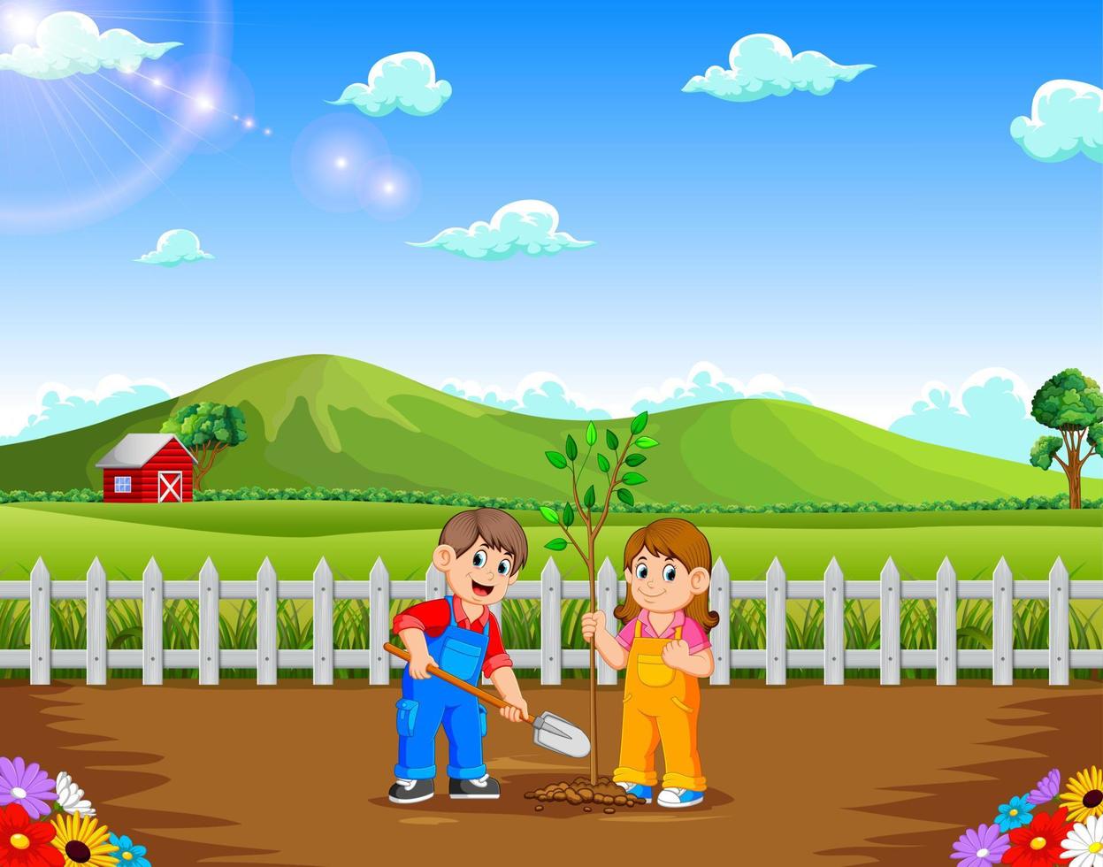 jongen en meisje aanplant boom in de park vector