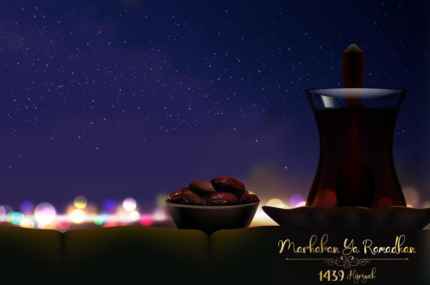 marhaban ja ramadan. iftar partij viering met kom van datums en een glas van thee Aan een nacht stadsgezicht achtergrond vector