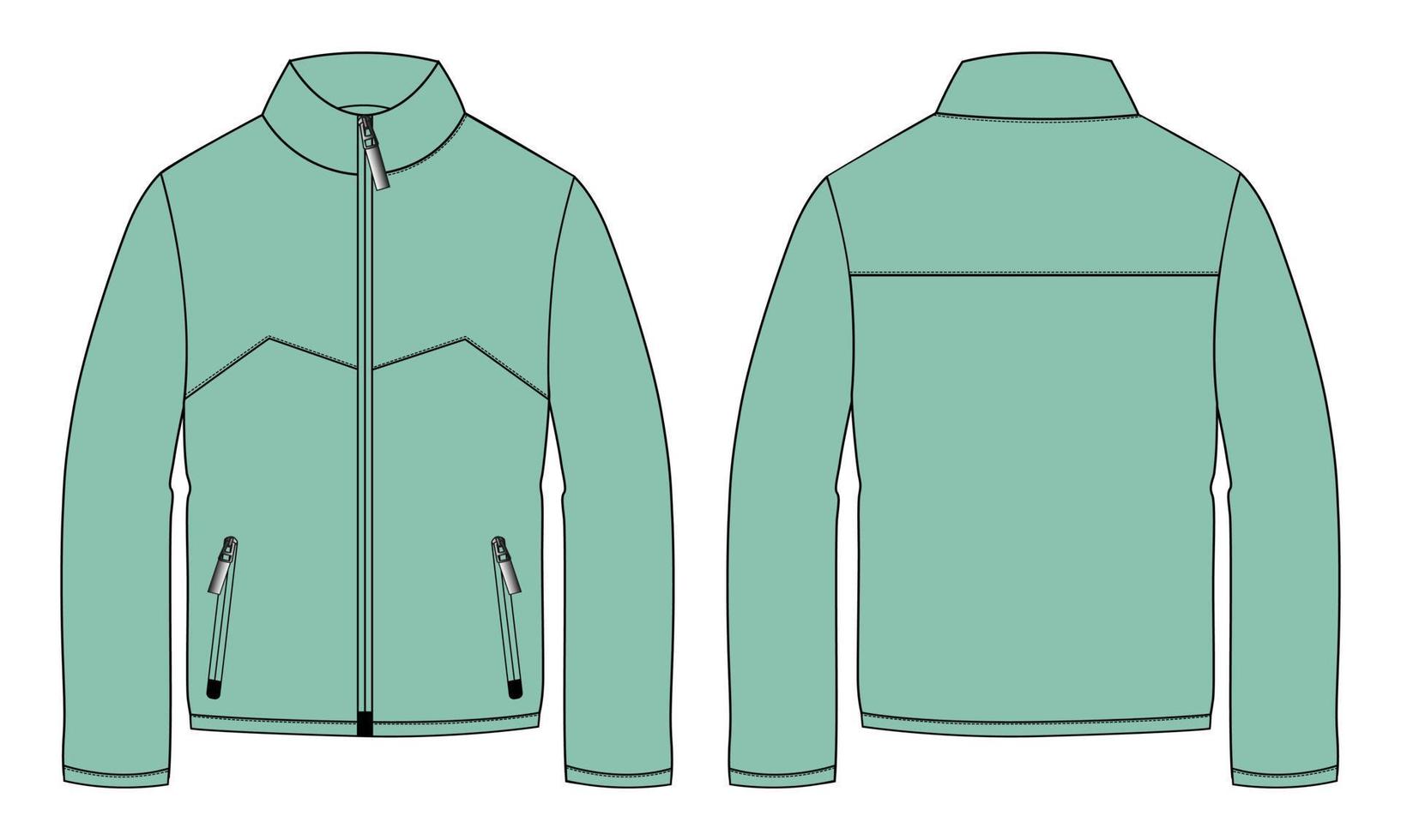 lang mouw jasje met zak- en rits technisch mode vlak schetsen vector illustratie groen kleur sjabloon voorkant en terug keer bekeken. fleece Jersey sweater jasje voor Mannen en jongens.