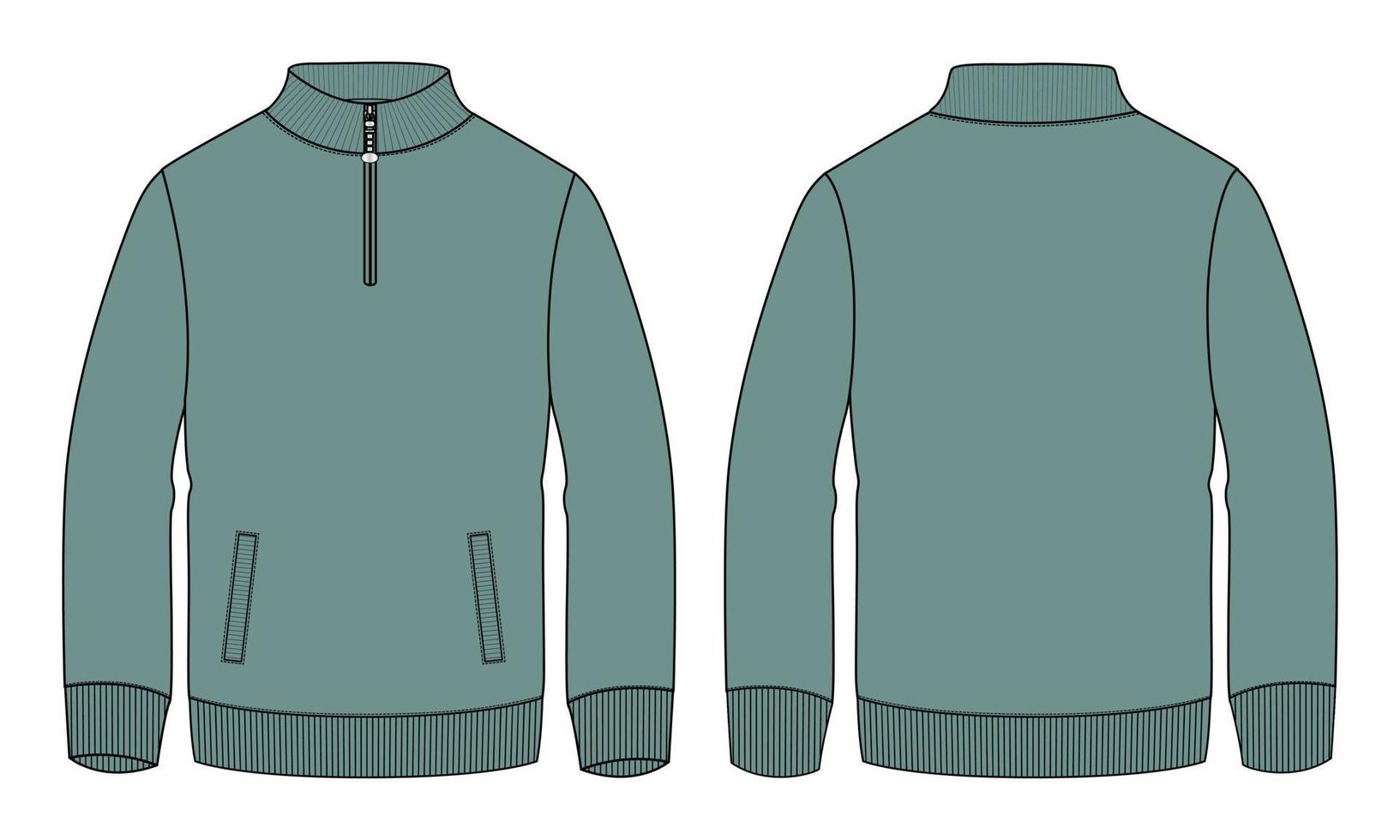 lang mouw jasje sweater met zak- en rits technisch mode vlak schetsen vector illustratie groen kleur sjabloon voorkant en terug keer bekeken.