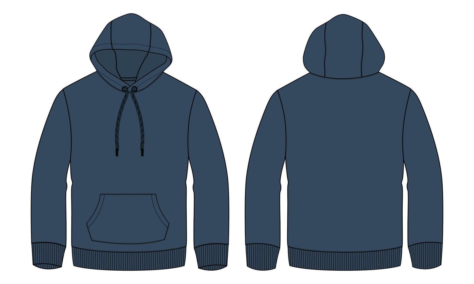 lange mouw hoodie technische mode platte schets vector illustratie marineblauwe kleur sjabloon voor- en achterkant uitzicht geïsoleerd op een witte achtergrond.