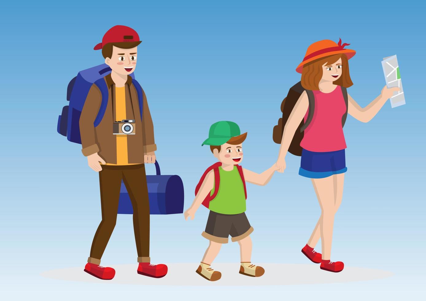 ouders en kinderen backpacken Aan weekenden. vector illustratie