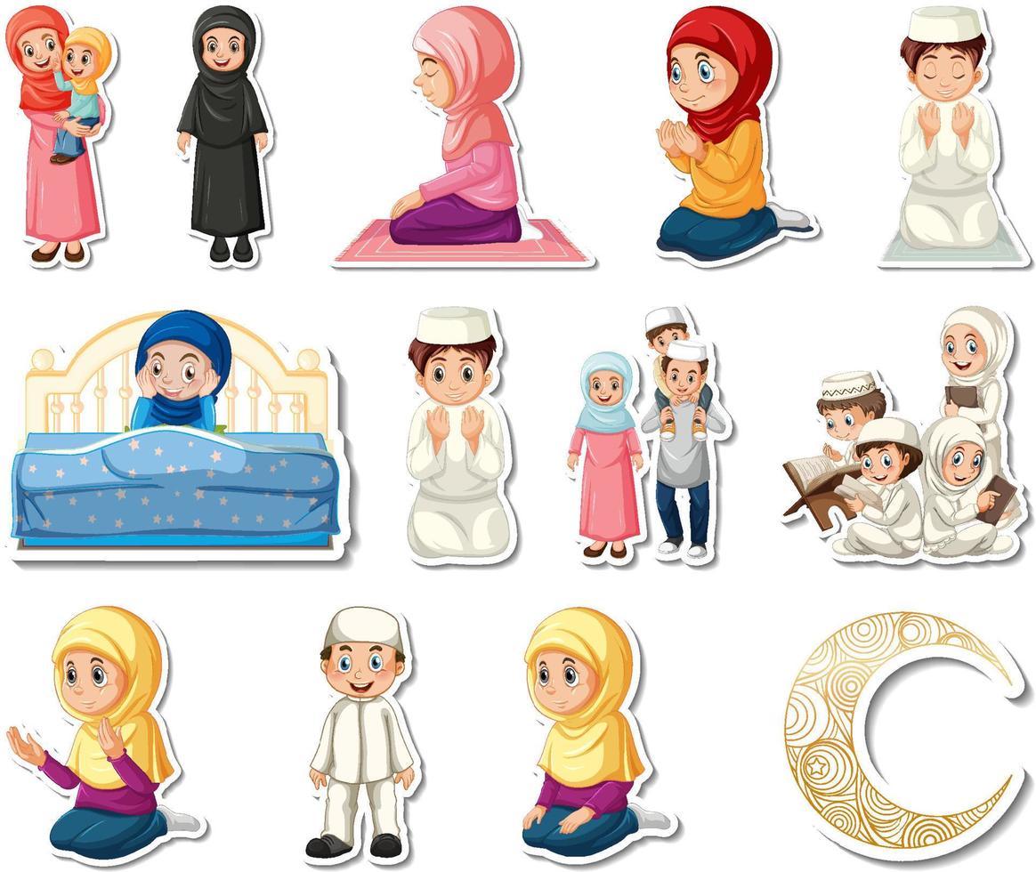 stickerset van islamitische religieuze symbolen en stripfiguren vector