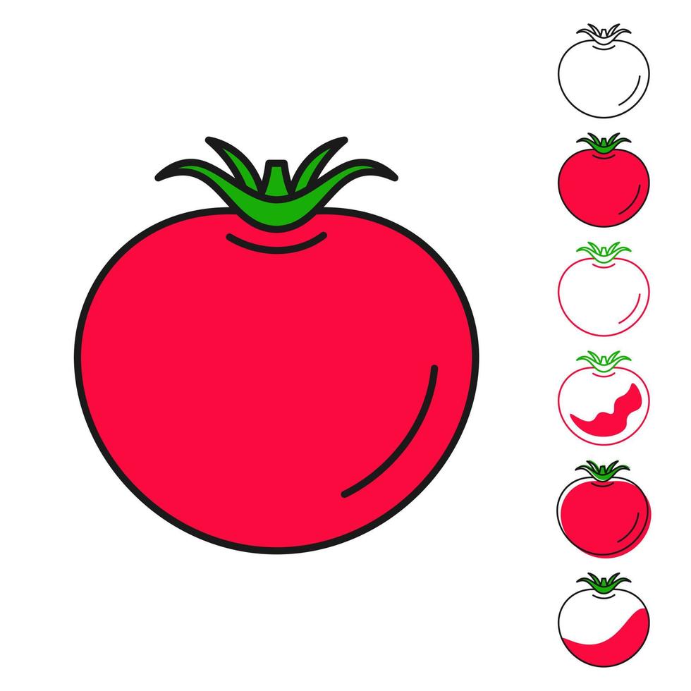 rijp tomaat in lineair stijl icoon. rood ronde groente met een groen staart getrokken met een schets en gevuld. heerlijk vitamine ingrediënt voor vector salades