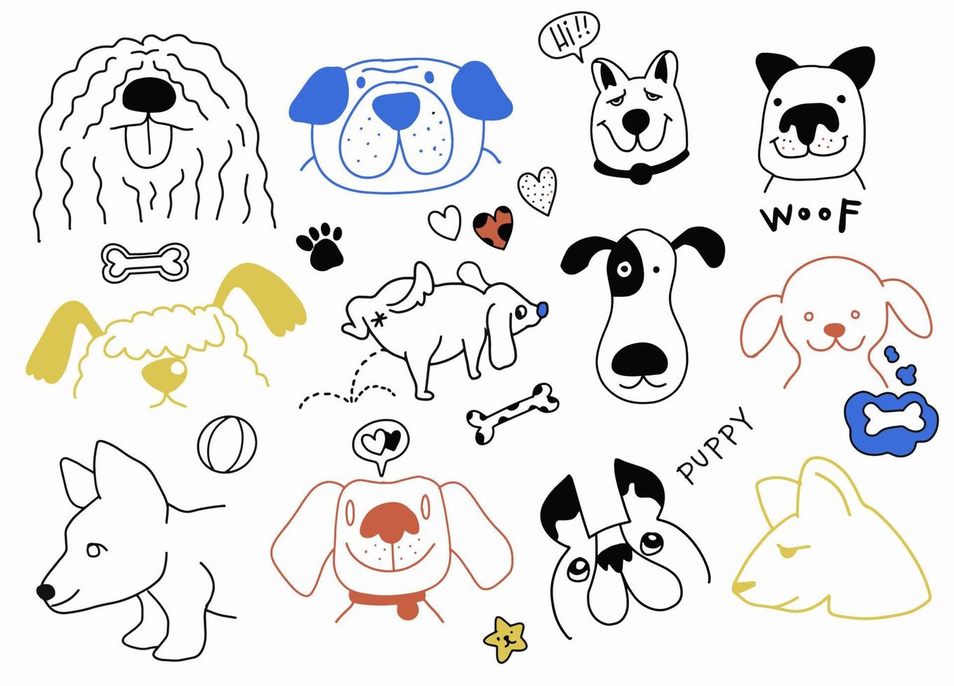 hand- tekening vector clip art met grappig honden, poot prints en botten. schattig oppervlakte ontwerp