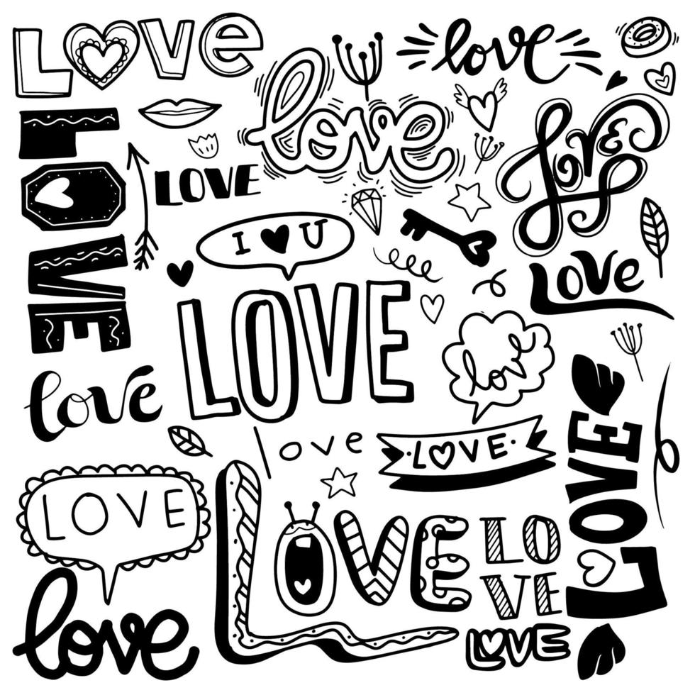 veel verschillend woorden van liefde, hand- getrokken liefde doodles vector