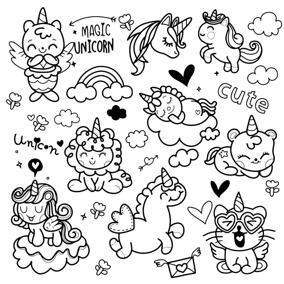 reeks van vector illustraties met eenhoorns en wolken in kawaii stijl