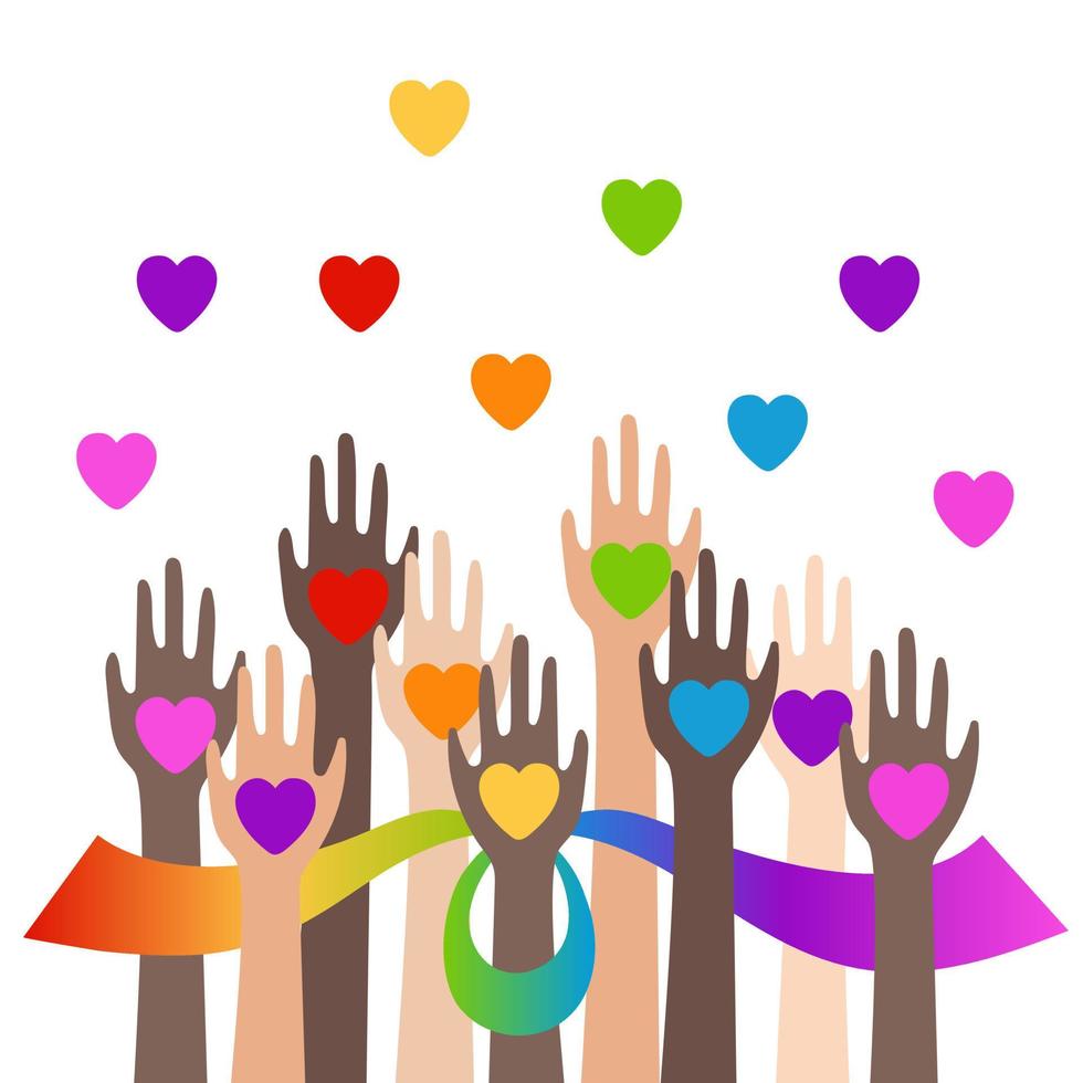 multicultureel handen in de lucht met veelkleurig regenboog harten. ondersteuning en eenheid concept. vector vlak illustratie geïsoleerd Aan wit achtergrond.