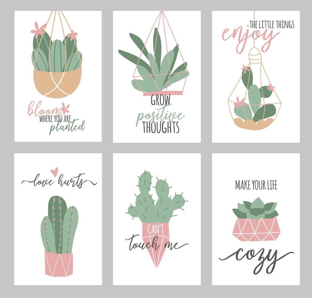 vector reeks van knus schattig posters met cactus en sappig geïsoleerd Aan een wit achtergrond. inspiratie citaten. huis tuinieren. huis planten. plantkunde decoratie.
