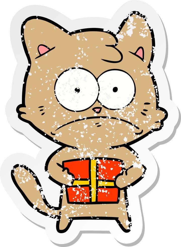 noodlijdende sticker van een cartoonkat met cadeau vector