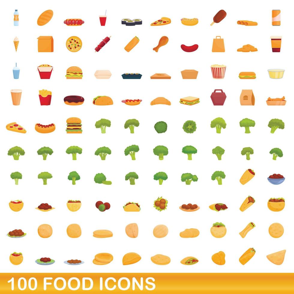 100 voedsel iconen set, cartoon stijl vector