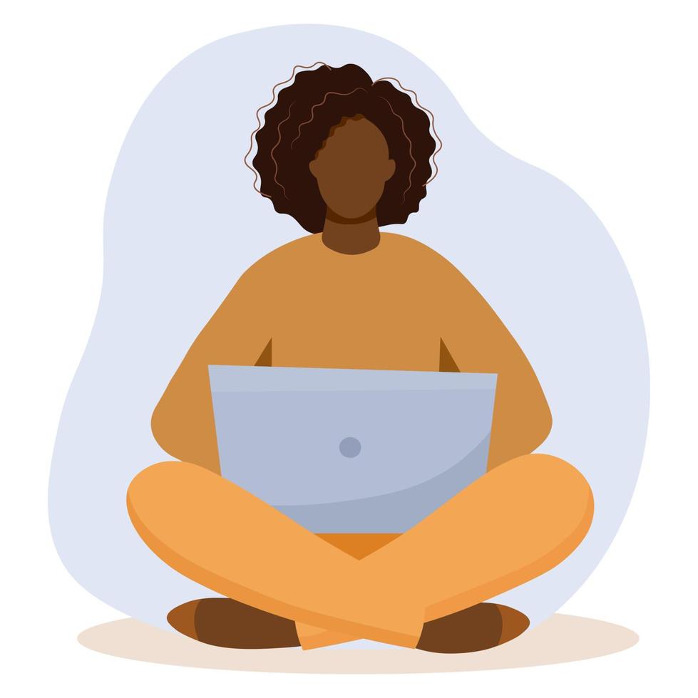 zwarte vrouw met een laptop werkend, student of freelancer concept vector