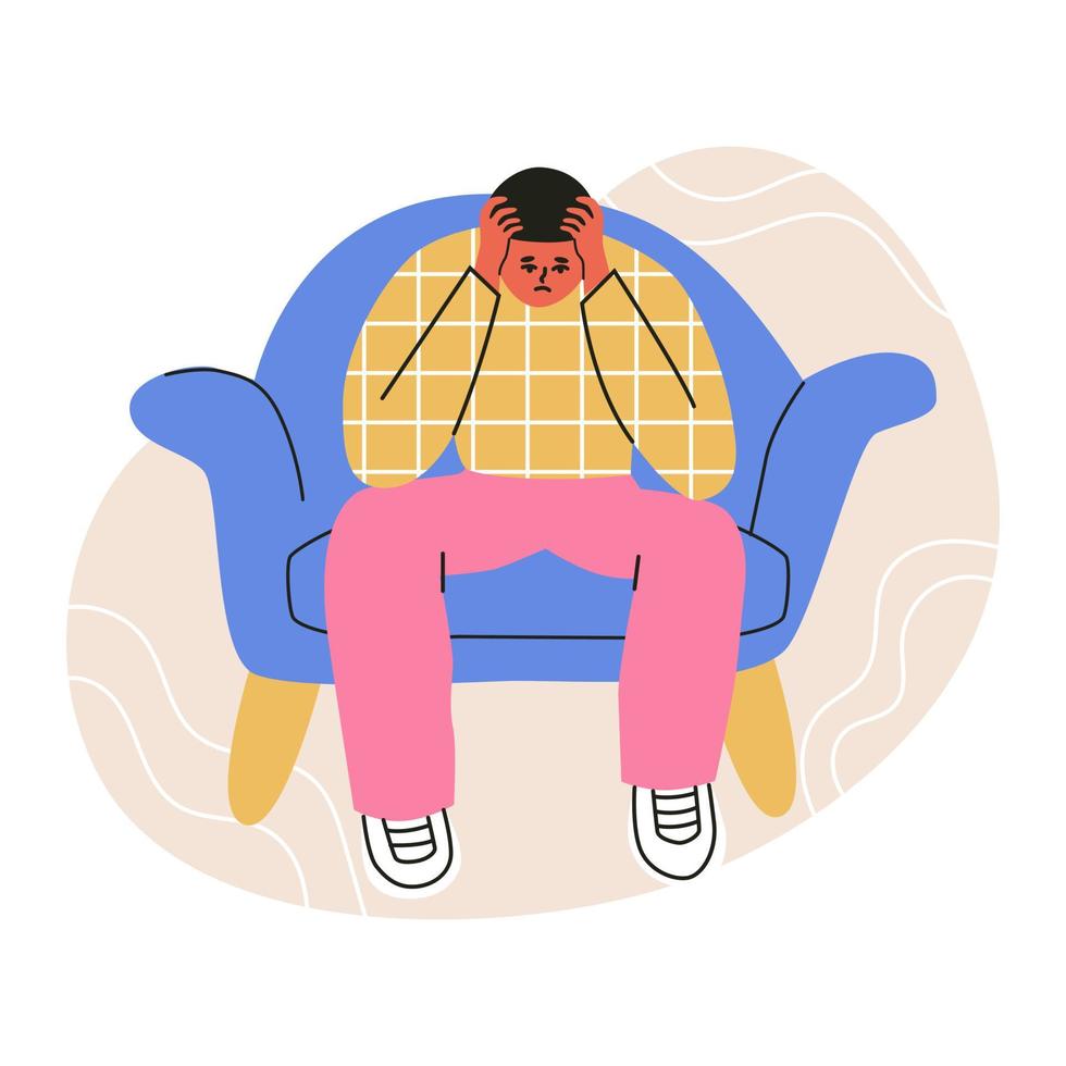 een eenzaam verdrietig Mens zittend Aan een stoel. jong depressief mannetje karakter Holding zijn hoofd. vlak vector illustratie in modieus kleuren, geïsoleerd Aan een wit achtergrond.