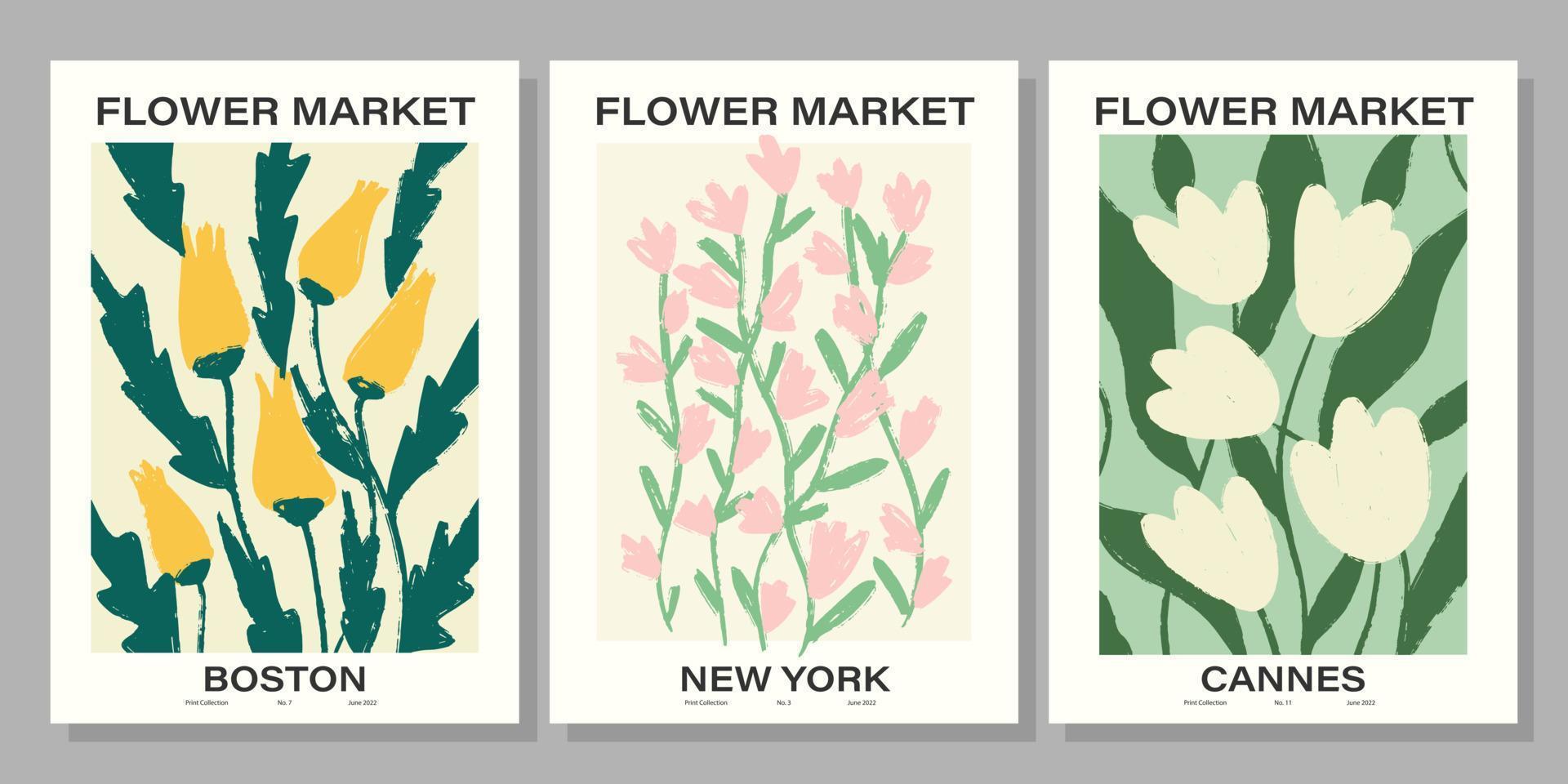 bloem markt poster set. abstract bloemen illustratie. botanisch muur kunst verzameling, wijnoogst poster stijlvol. vector illustratie