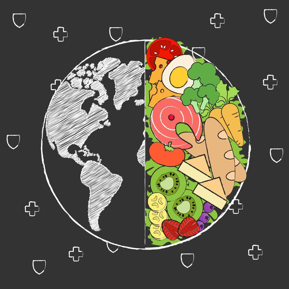 wereld voedsel veiligheid dag poster achtergrond. hand- getrokken van divers voedsel binnen de aarde met een zwart achtergrond. vector