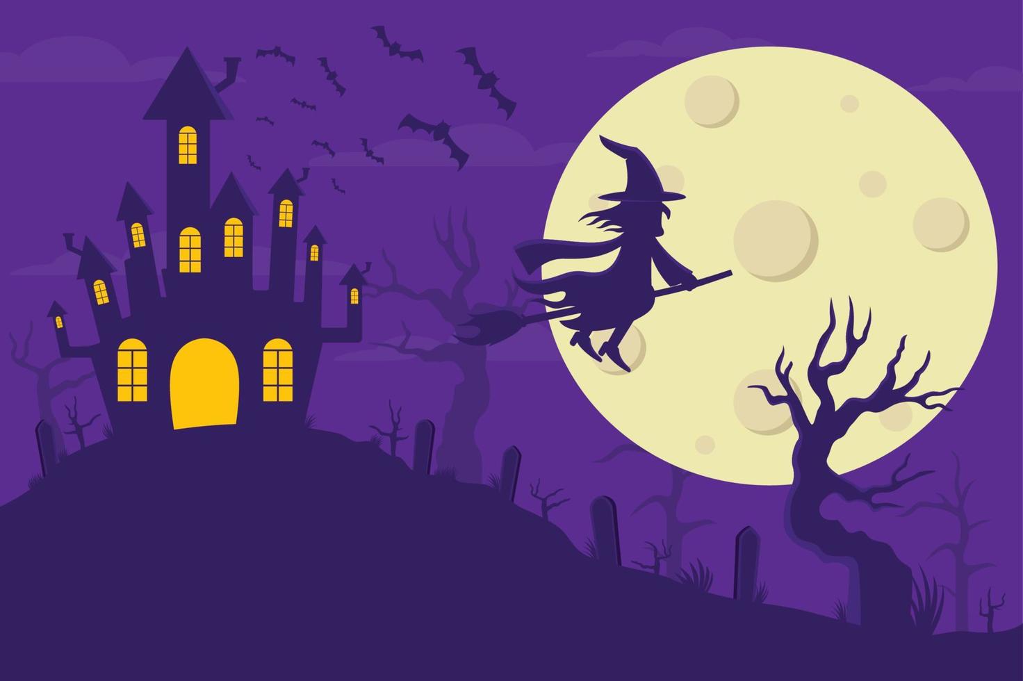 illustratie van een heks vliegend Aan een halloween nacht. halloween nacht is Purper. vector