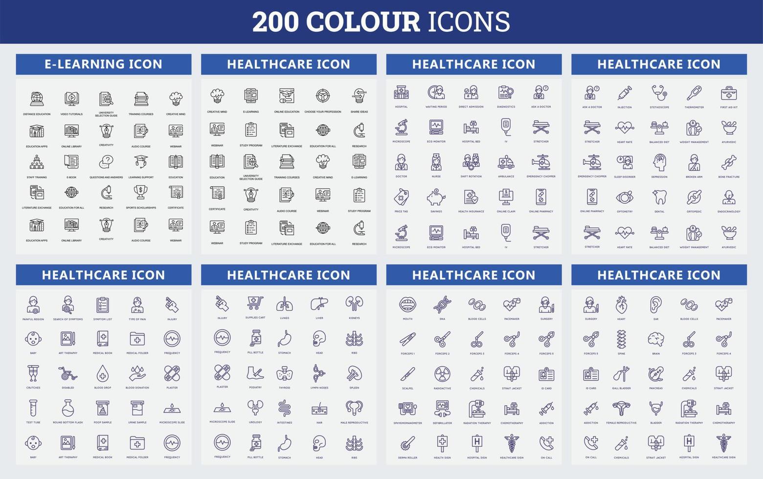 200 kleur icoon set. verwant naar bedrijf, menselijk bronnen, medisch. web icoon set. kleur pictogrammen verzameling. vector illustratie.