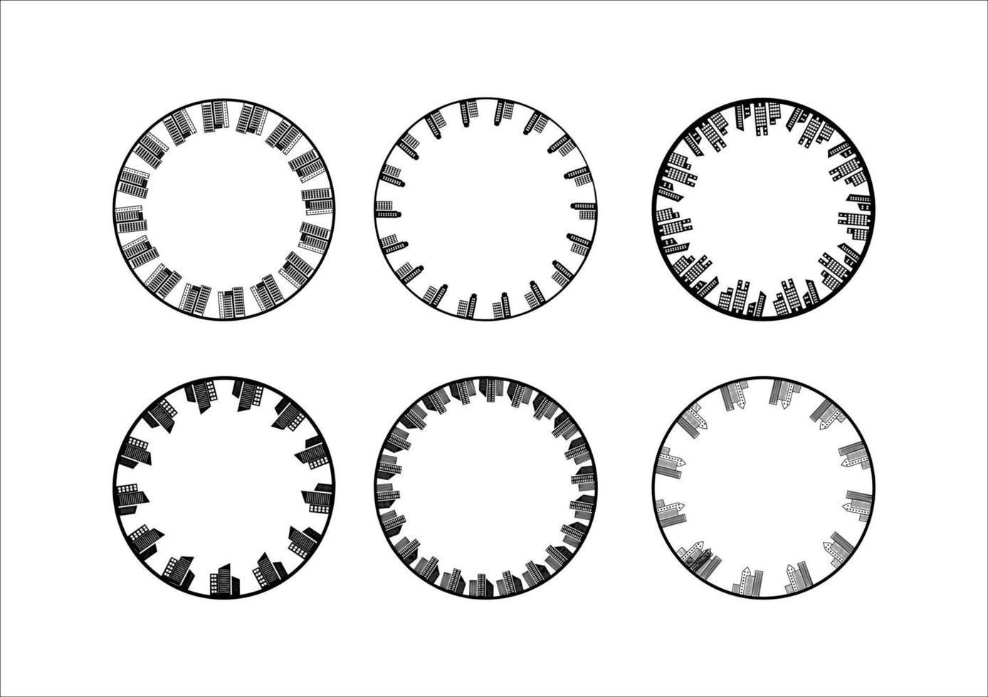 silhouet gebouw wolkenkrabbers in cirkel frame-grens verzameling vector