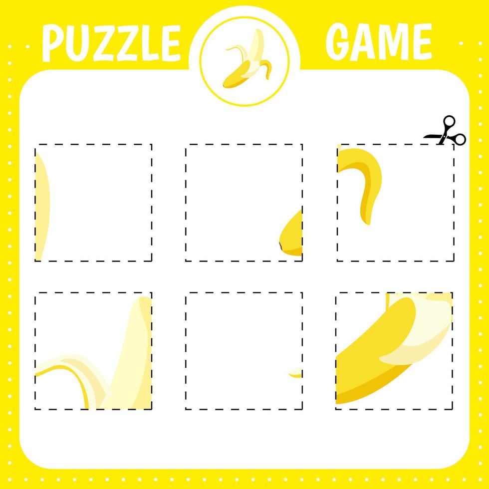 puzzel spel voor kinderen. snijdend oefening. onderwijs ontwikkelen werkblad. werkzaamheid bladzijde. besnoeiing en lijm banaan vector