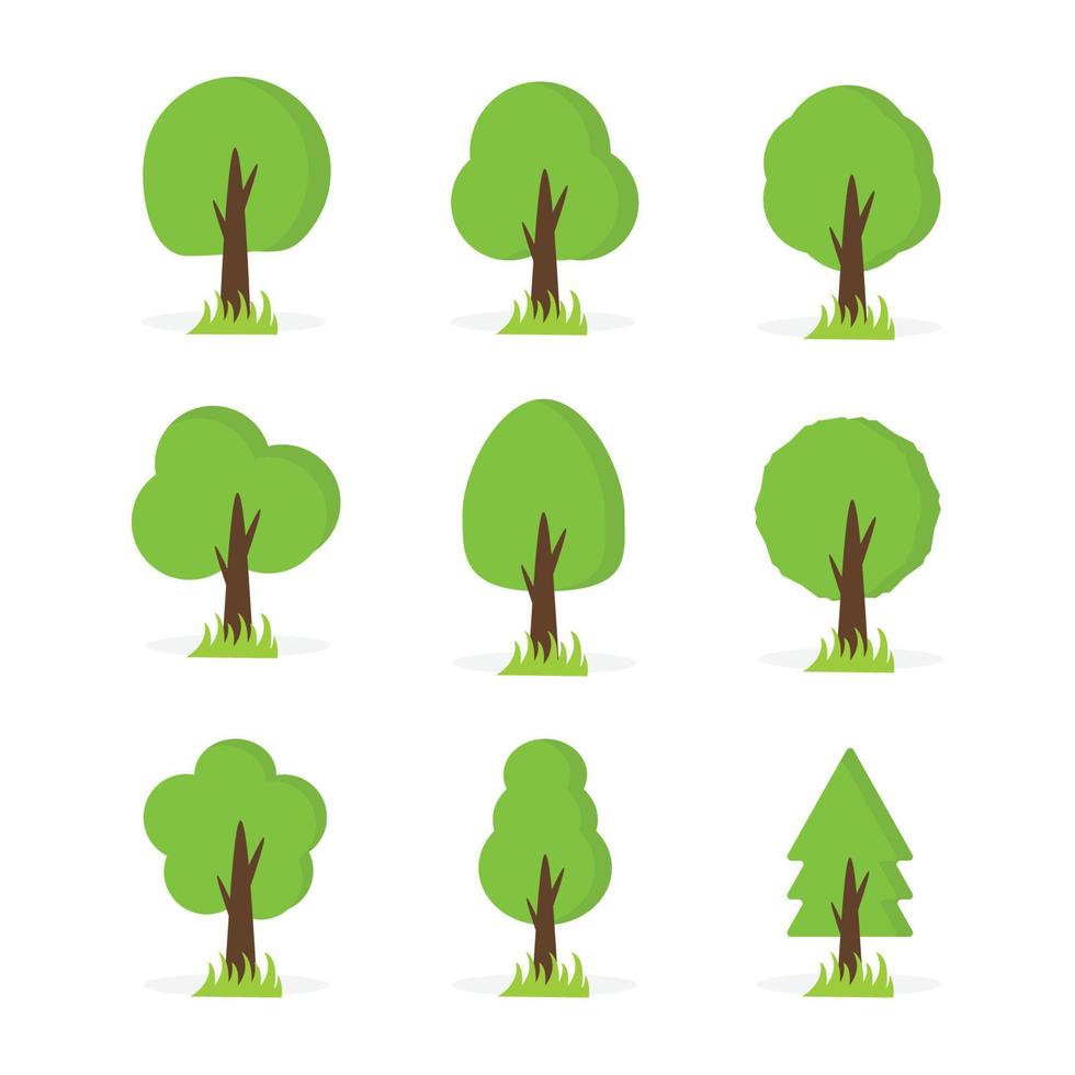 set van negen platte bomen in groene tinten vector