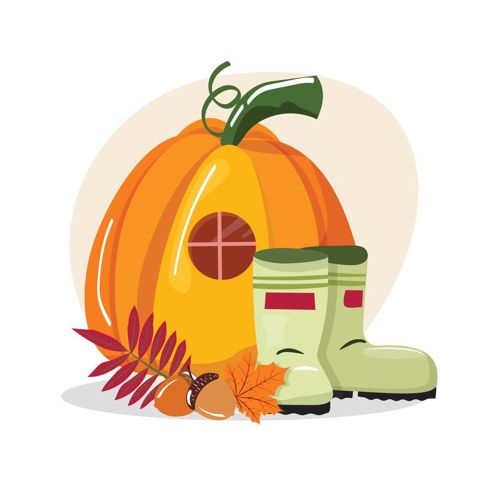 schattig herfst illustratie met een groot pompoen, rubberlaarzen, eikel- en bladeren. voor kaarten, bonnen, affiches, achtergrond. vector