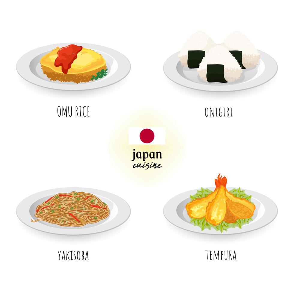 Japan keuken omu rijst, onigiri, yakisoba, en tempura in wit geïsoleerd achtergrond. voedsel concept vector illustratie