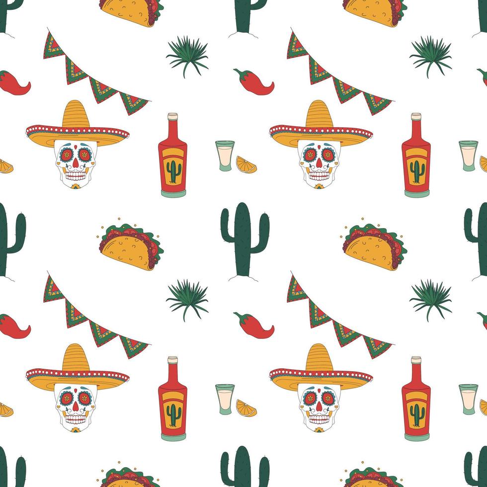 naadloos patroon met de thema van Mexico. schedels, heet peper, tequila, cactus. vector