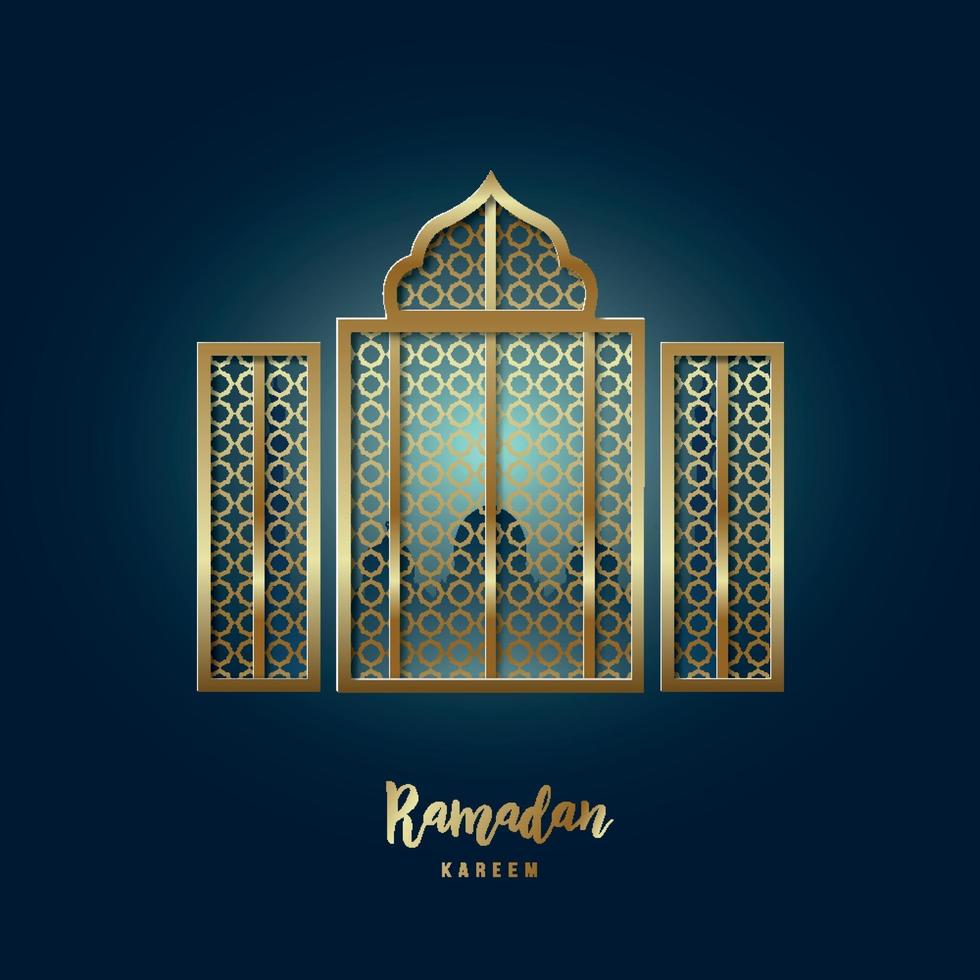 moskee venster illustratie. wenskaart met Arabisch arabesk patroon en tekst ramadan kareem. vector