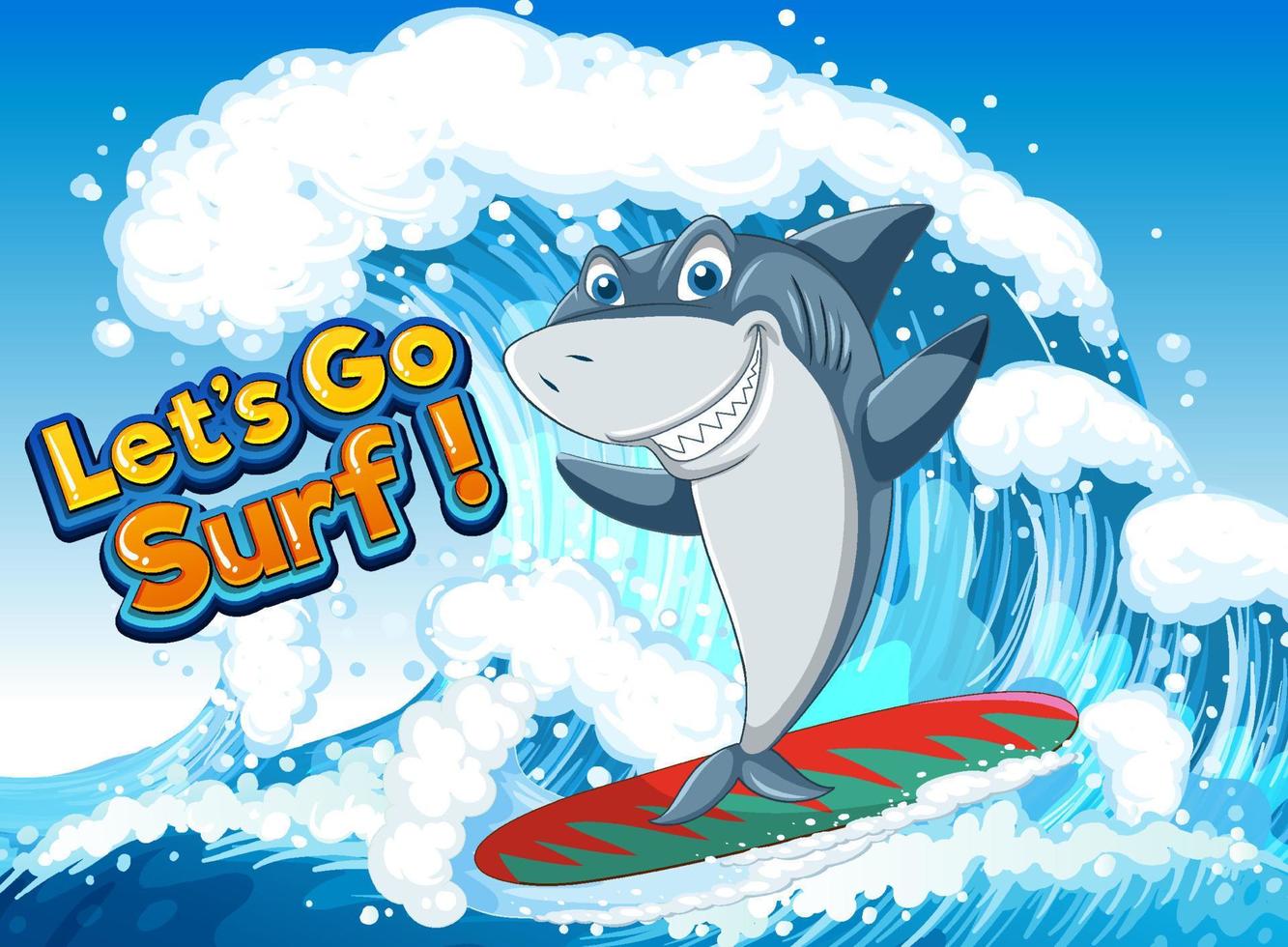schattig haai tekenfilm karakter surfing oceaan tafereel vector