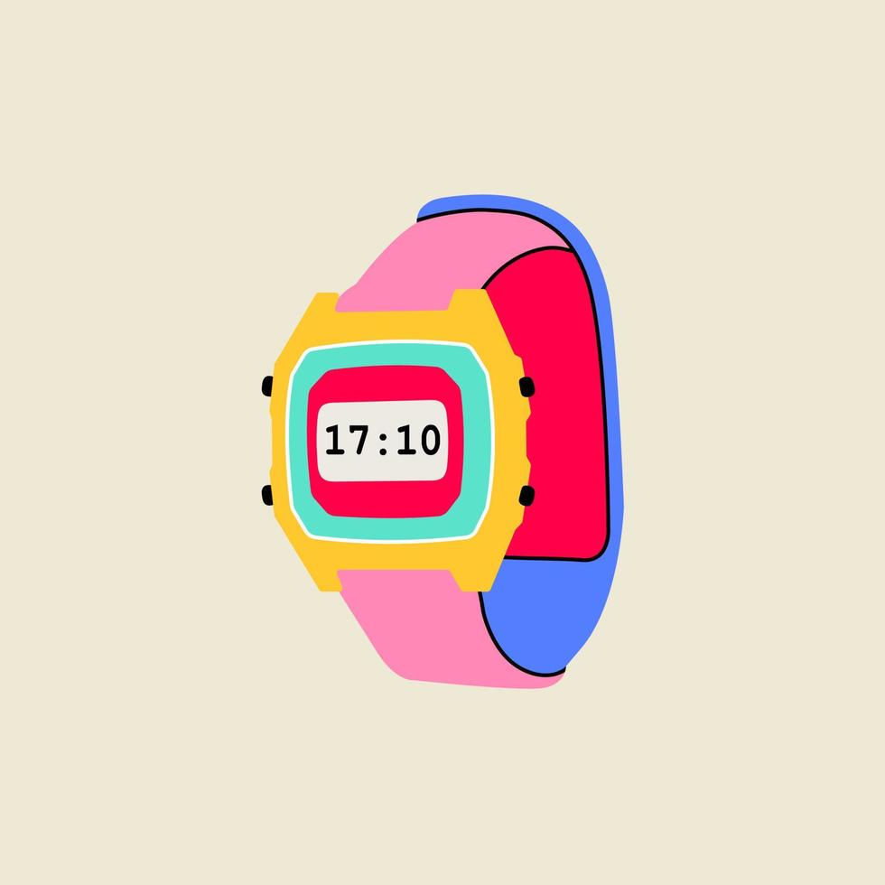 klassiek nostalgisch digitaal 80s 90s elementen in modern stijl vlak, lijn stijl. hand- getrokken vector illustratie van retro of wijnoogst elektronisch pols horloges accessoire. mode lapje, insigne, embleem, logo