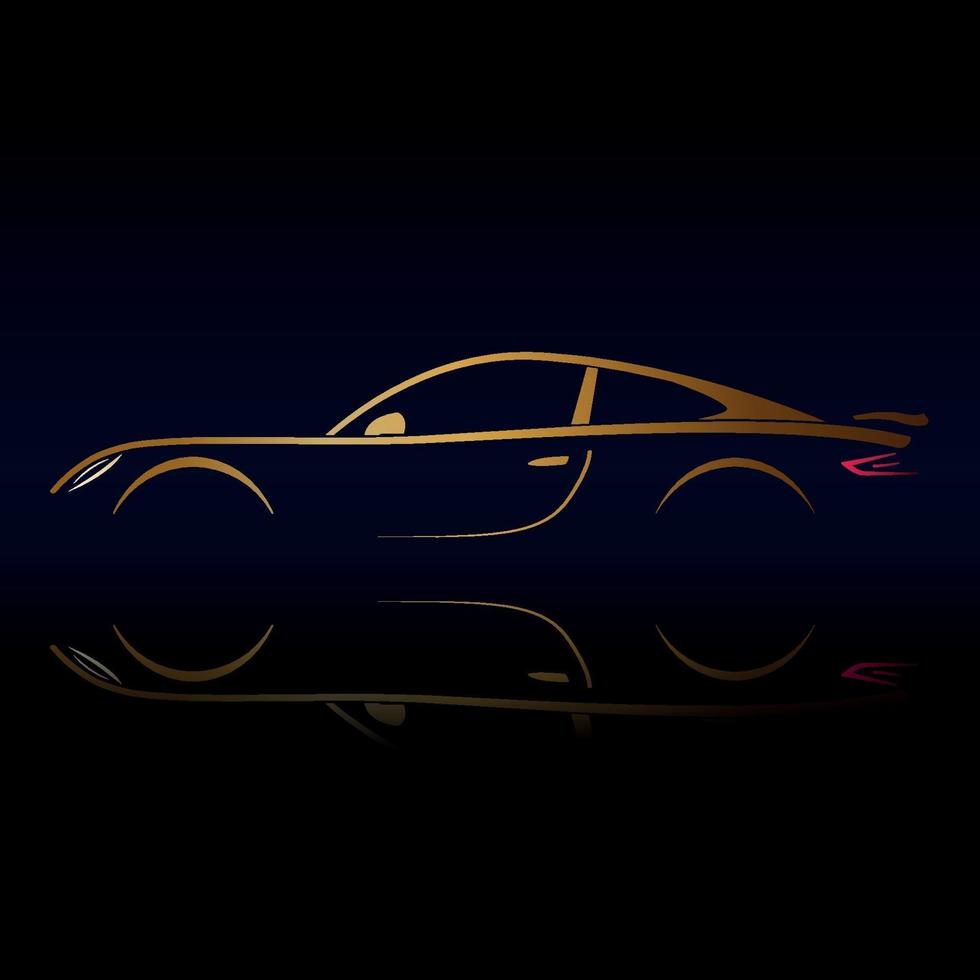gele sportwagen silhouet op zwarte achtergrond met reflectie. vector