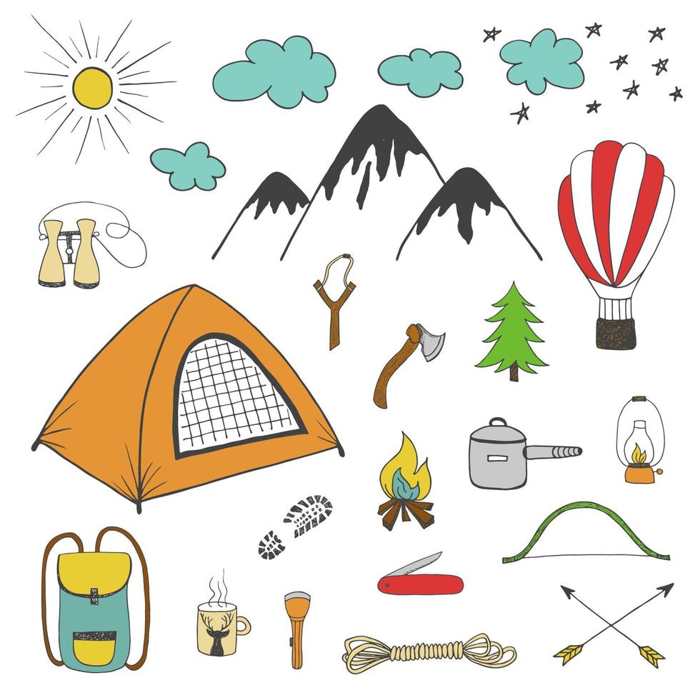 avonturen, camping, reizen hand- getrokken ontwerp elementen, gekleurde tekening vaag reeks in wijnoogst stijl geïsoleerd Aan wit achtergrond vector