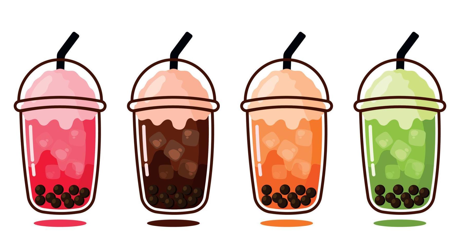 geanimeerd bevroren bubbel thee in aardbei, groen thee, chocola, Thais thee smaak reeks verzameling met ijs kubus in schattig tekenfilm vector illustratie