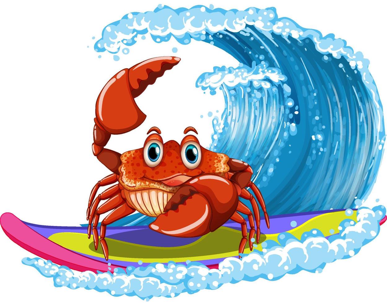 schattig krab stripfiguur surfen vector