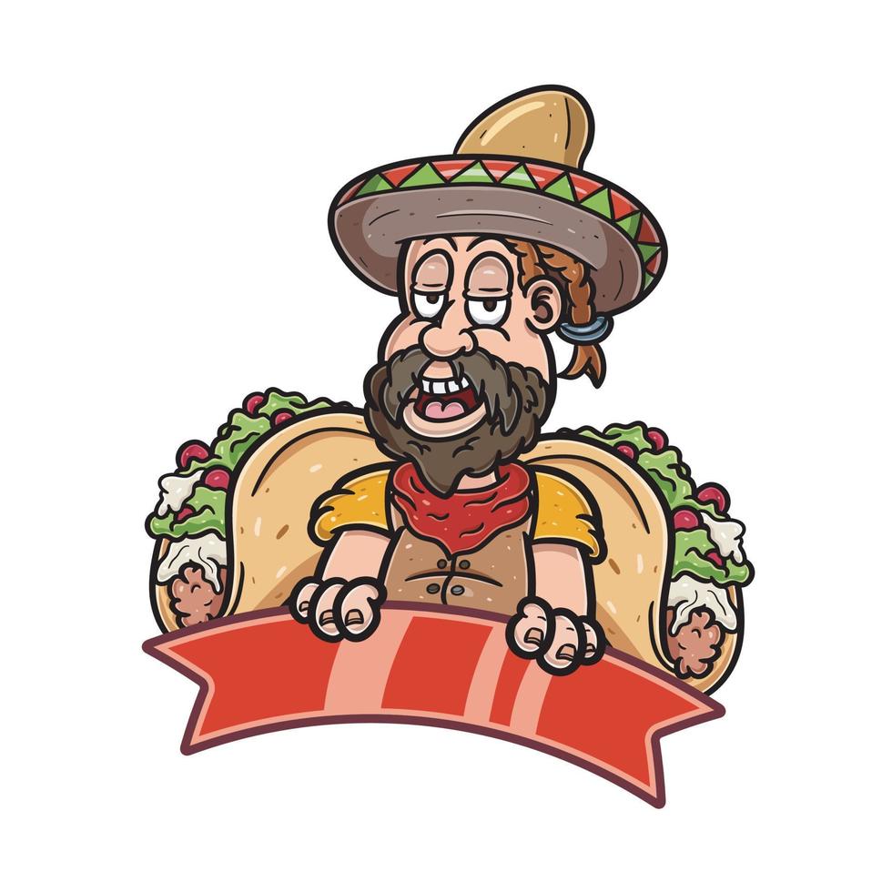 tekenfilm mascotte van gebaard jongen Mexicaans voedsel en taco. vector