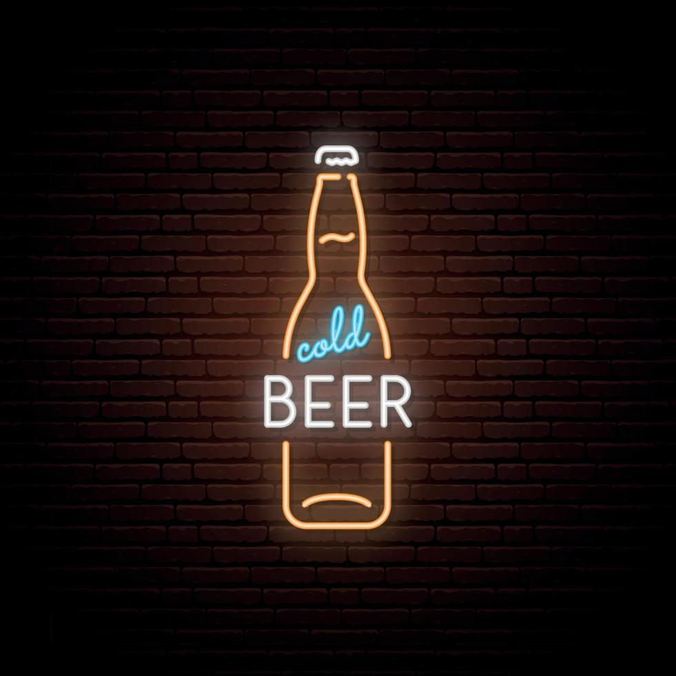 neon teken van koud bier. neon bierflesjes embleem, heldere banner. reclame-ontwerp. vector