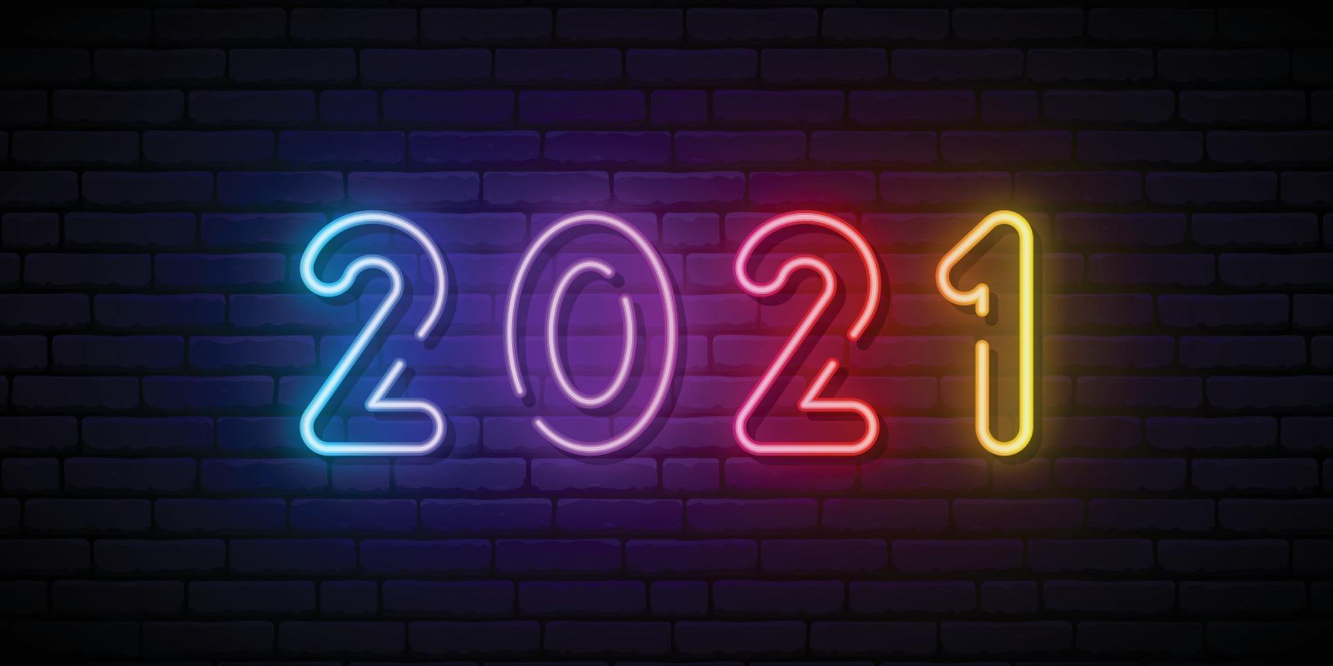 2021 neon uithangbord. helder kleurrijk teken. vector