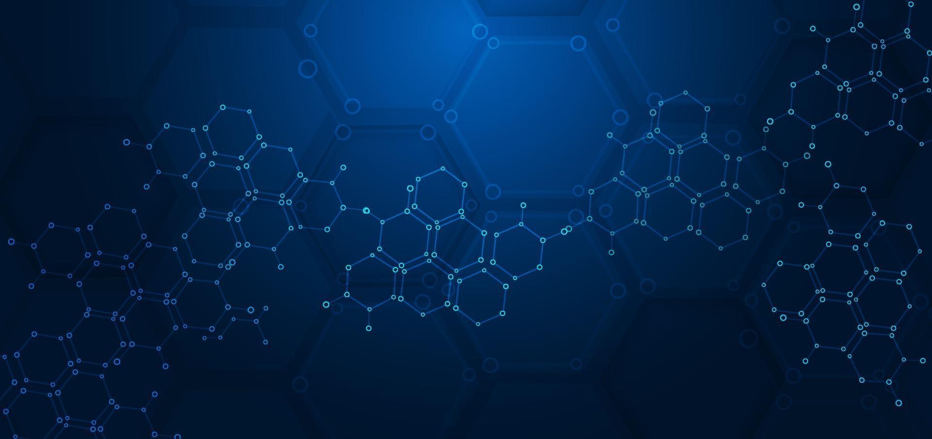 abstracte zeshoek patroon donkerblauwe achtergrond. medisch en wetenschappelijk concept. moleculaire structuren. vector