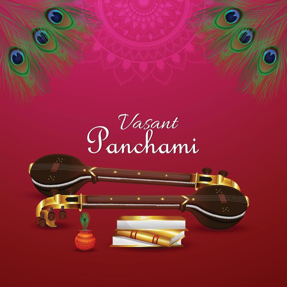 vasant panchami creatieve achtergrond met saraswati veena en boeken vector