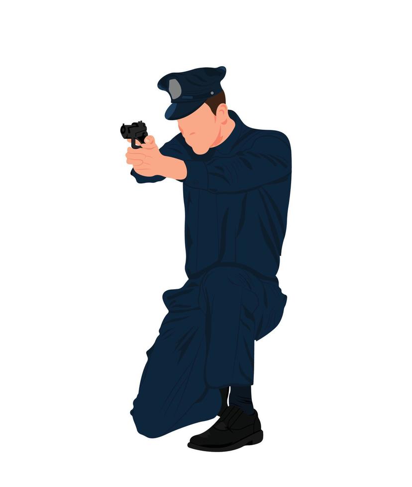 mannetje Politie officier het schieten illustratie, geknield politieagent Aan uniform richten geweer vlak vector