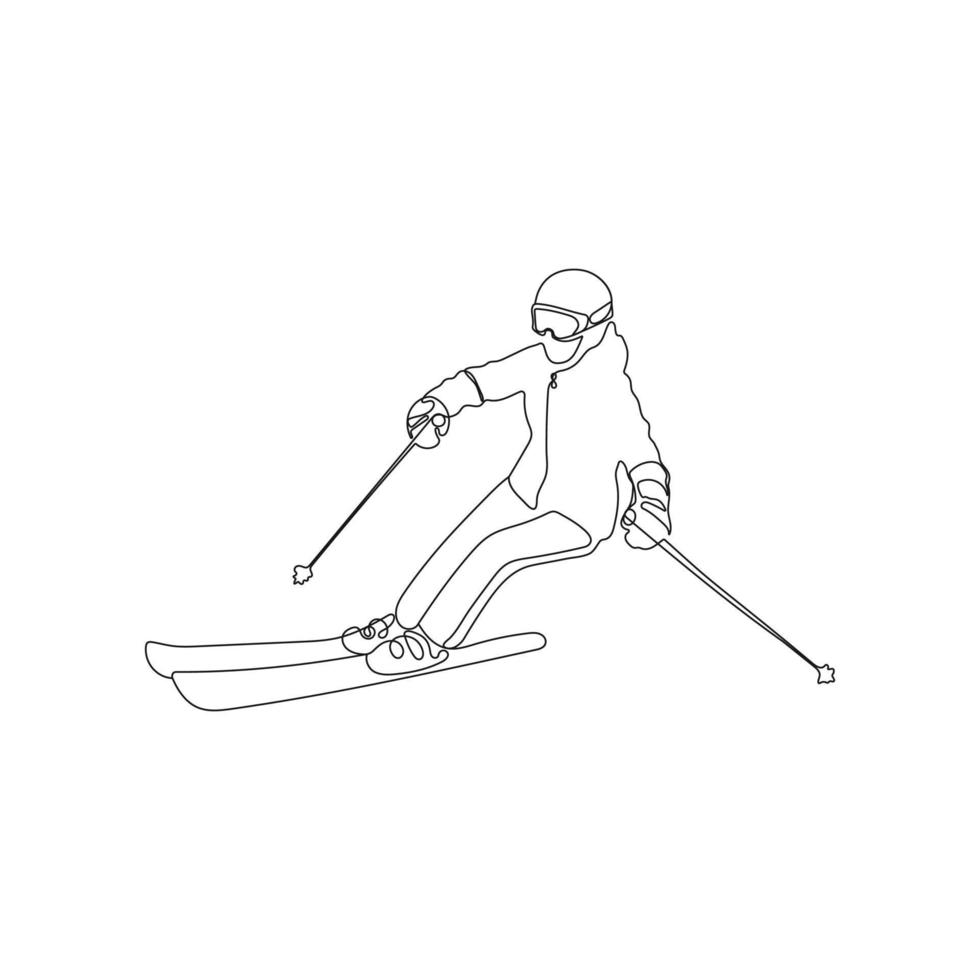 skiër, skiën. een lijn kunst tekening stijl. afdaling van de berg. winter sport en toerisme concept. hand- getrokken vector illustratie.