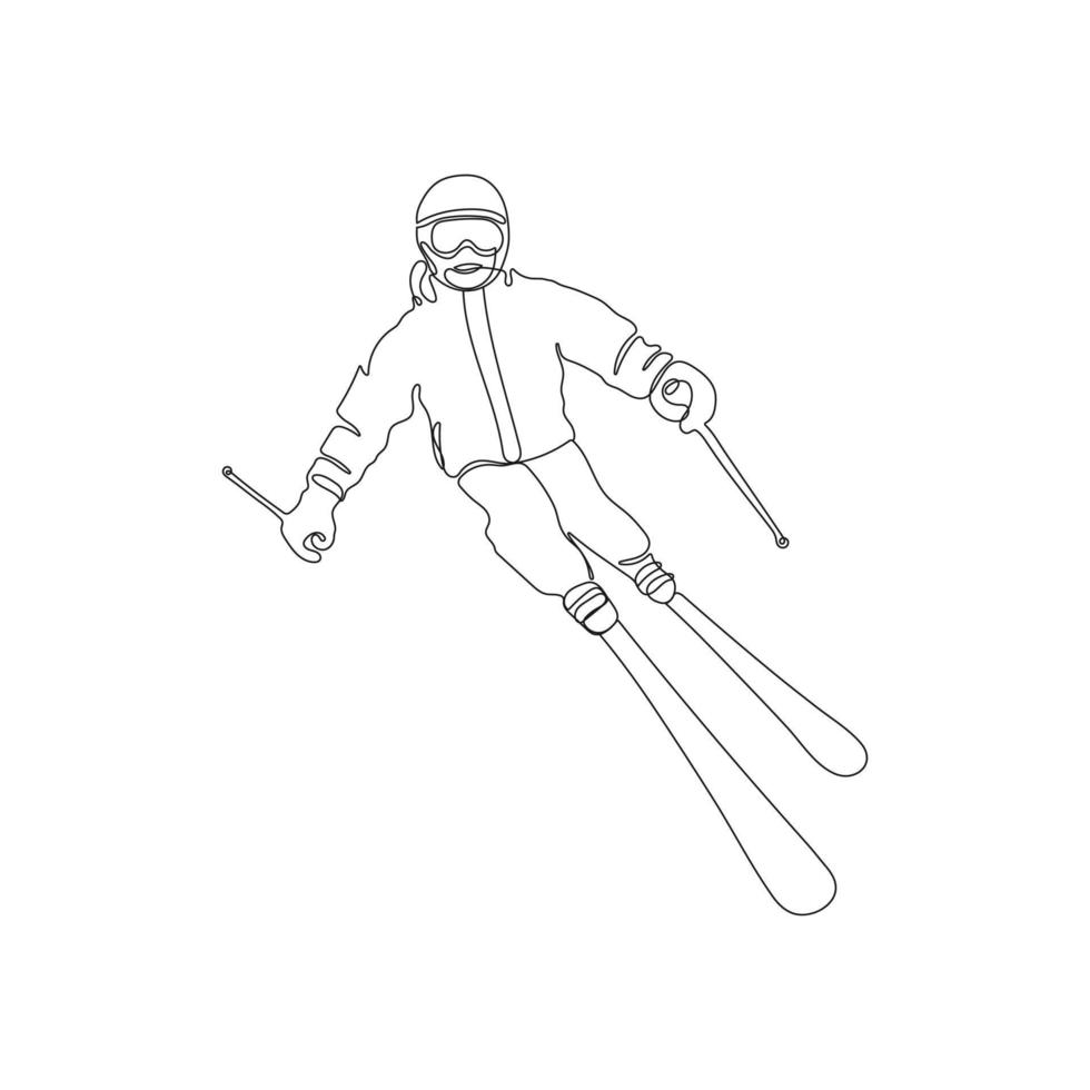 skiër, skiën in een lijn kunst tekening. afdaling van de berg. winter sport en toerisme concept. hand- getrokken vector illustratie.