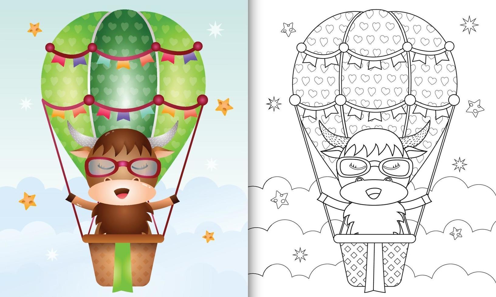 kleurboeksjabloon voor kinderen met een schattige buffel op heteluchtballon vector