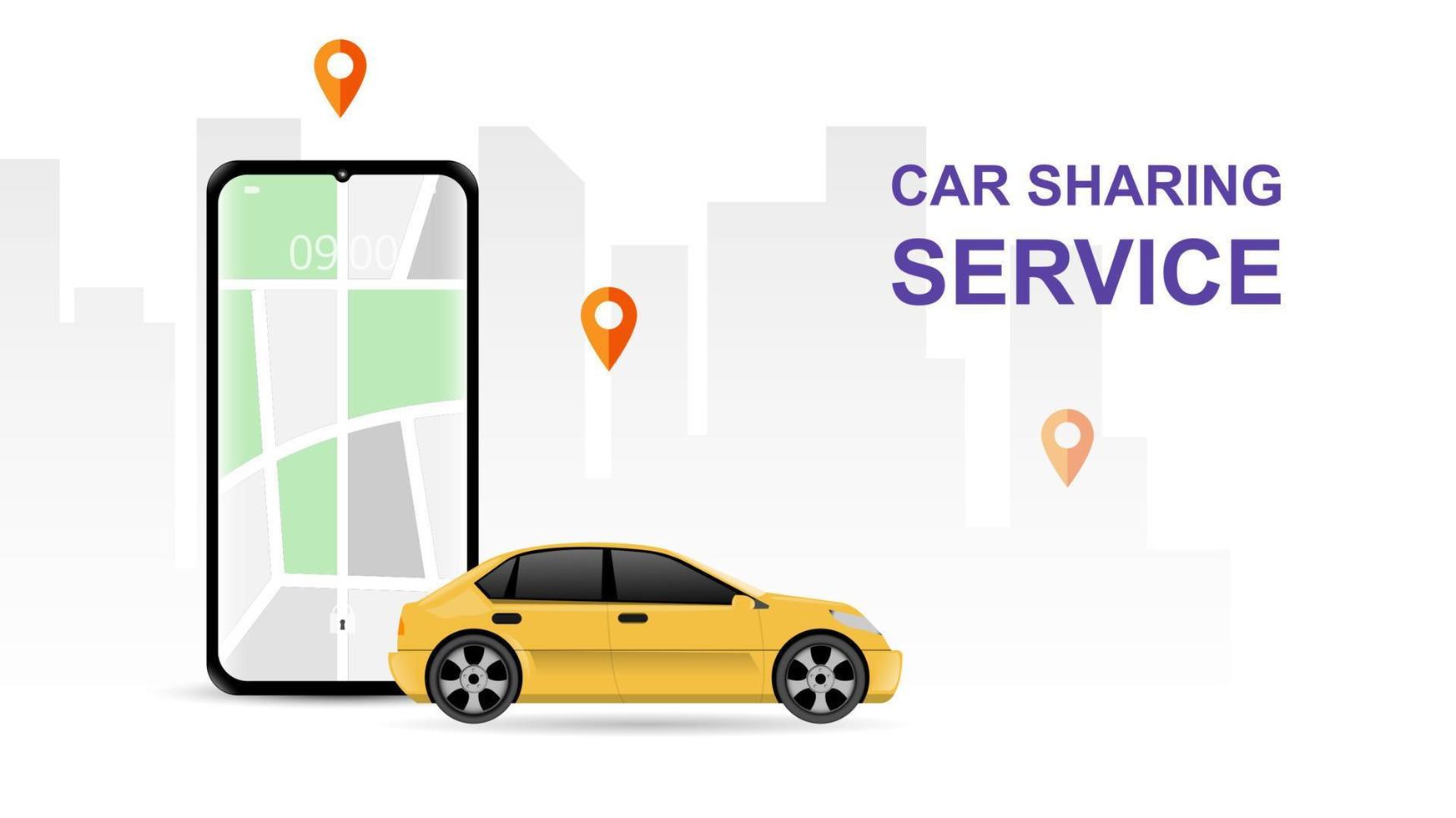 vector illustratie van auto sharing onderhoud of online vervoer concept. mensen gebruik smartphone naar bestellen online vervoer auto gebaseerd Aan GPS. modern vlak stijl ontwerp illustratie