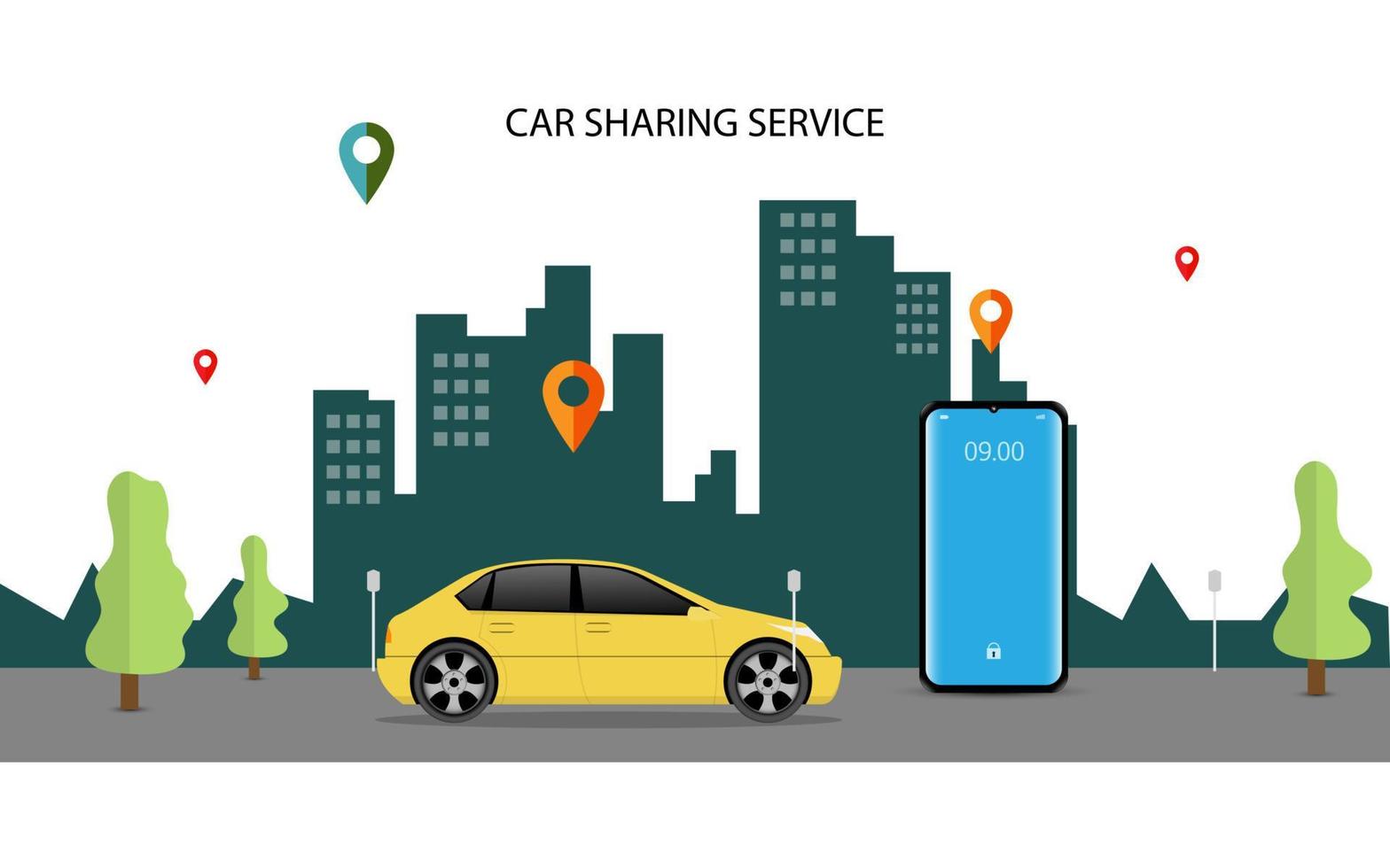 vector illustratie van auto sharing onderhoud of online vervoer concept. mensen gebruik smartphone naar bestellen online vervoer auto gebaseerd Aan GPS. modern vlak stijl ontwerp illustratie