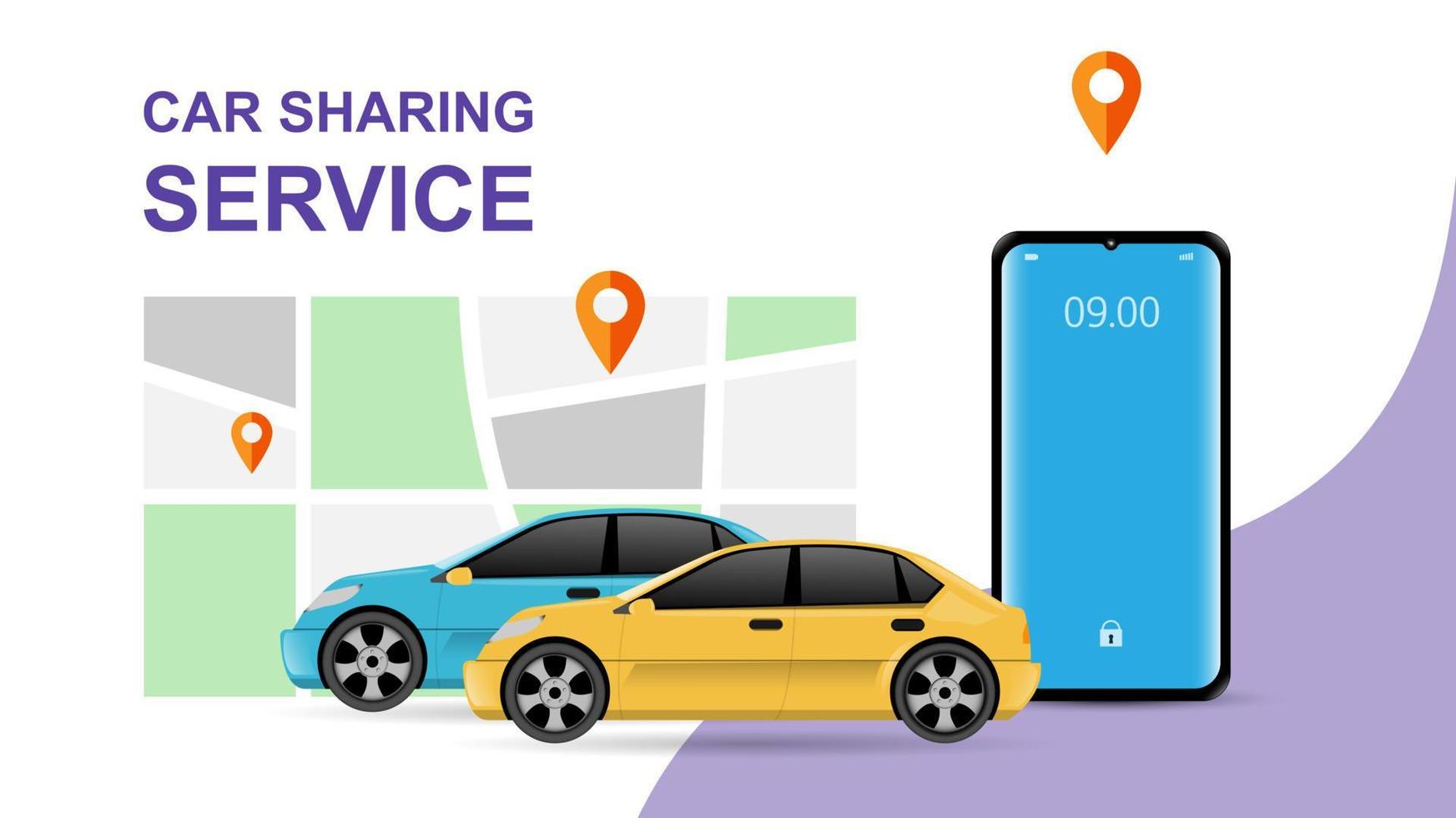 vector illustratie van auto sharing onderhoud of online vervoer concept. mensen gebruik smartphone naar bestellen online vervoer auto gebaseerd Aan GPS. modern vlak stijl ontwerp illustratie